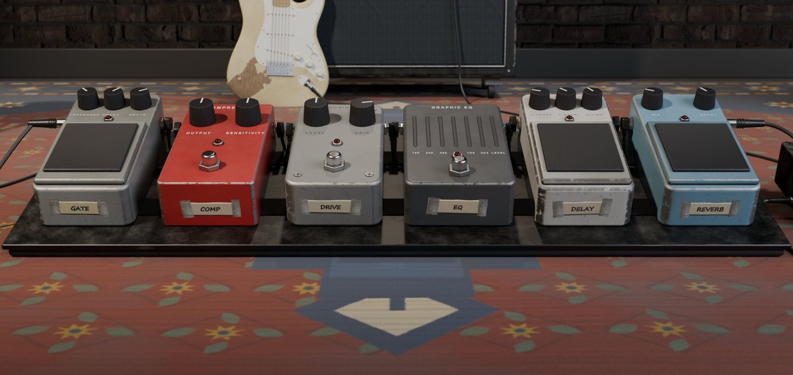 The six pedals on the board, as the room sees them