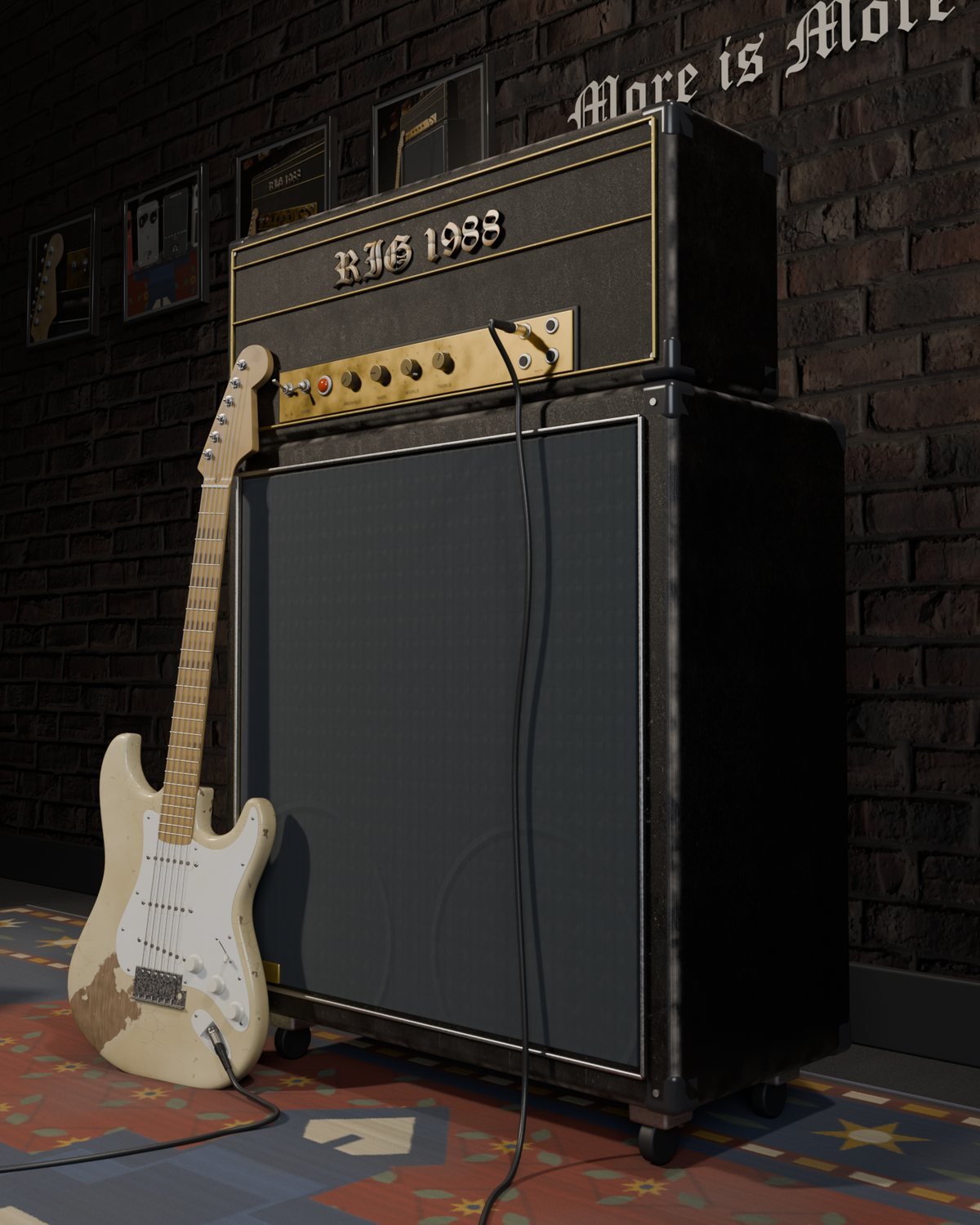 The head and the 4×12 from the floor, the cream Strat leaning on the cab